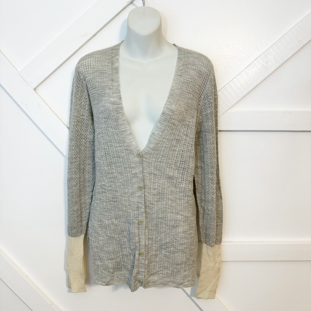 M.Patmos Merino Wool Button Front V-Neck Color-Block Cardigan Gray Sz M